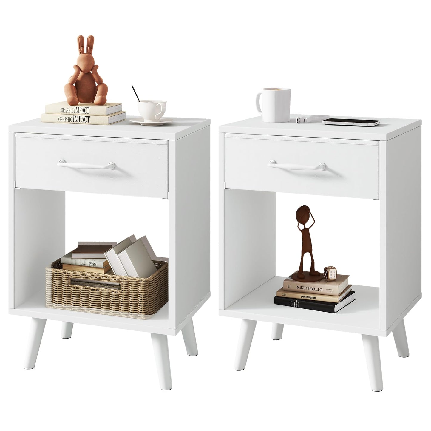 YMYNY Nightstand Set of 2, Bedside Table, Side Table with Fabric Drawer, Handle and Open Compartment, Solid Wood Legs