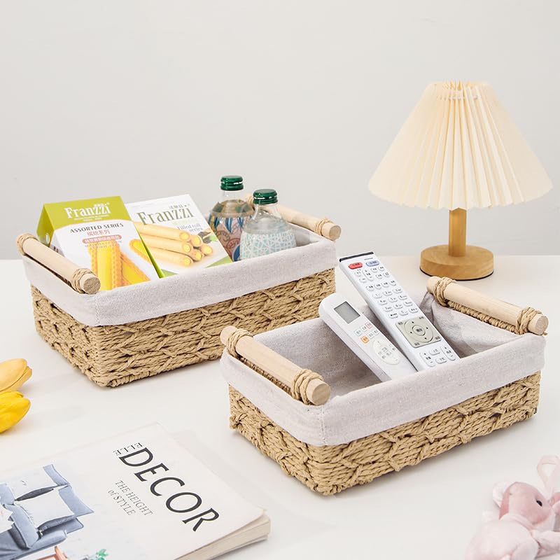 2 Pack Storage Baskets, Storage baskets for Shelves, Storage Box Organiser, Wicker Hamper Basket, Woven Storage Baskets, Bathroom Storage Organiser