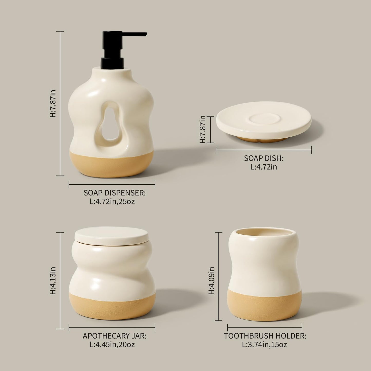 BosilunLife Bathroom Accessories Set of 4 - Beige&Orange Bathroom Countetop Soap Set Lotion Soap Dispenser Sets Toothbrush Holder and Soap Dish
