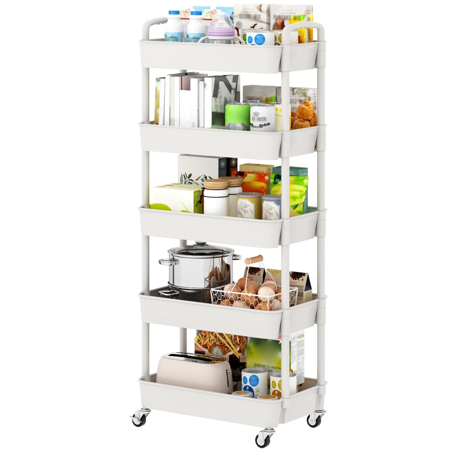 Sywhitta 5-Tier Plastic Rolling Utility Cart with Handle, Multi-Functional Storage Trolley for Office, Living Room, Kitchen