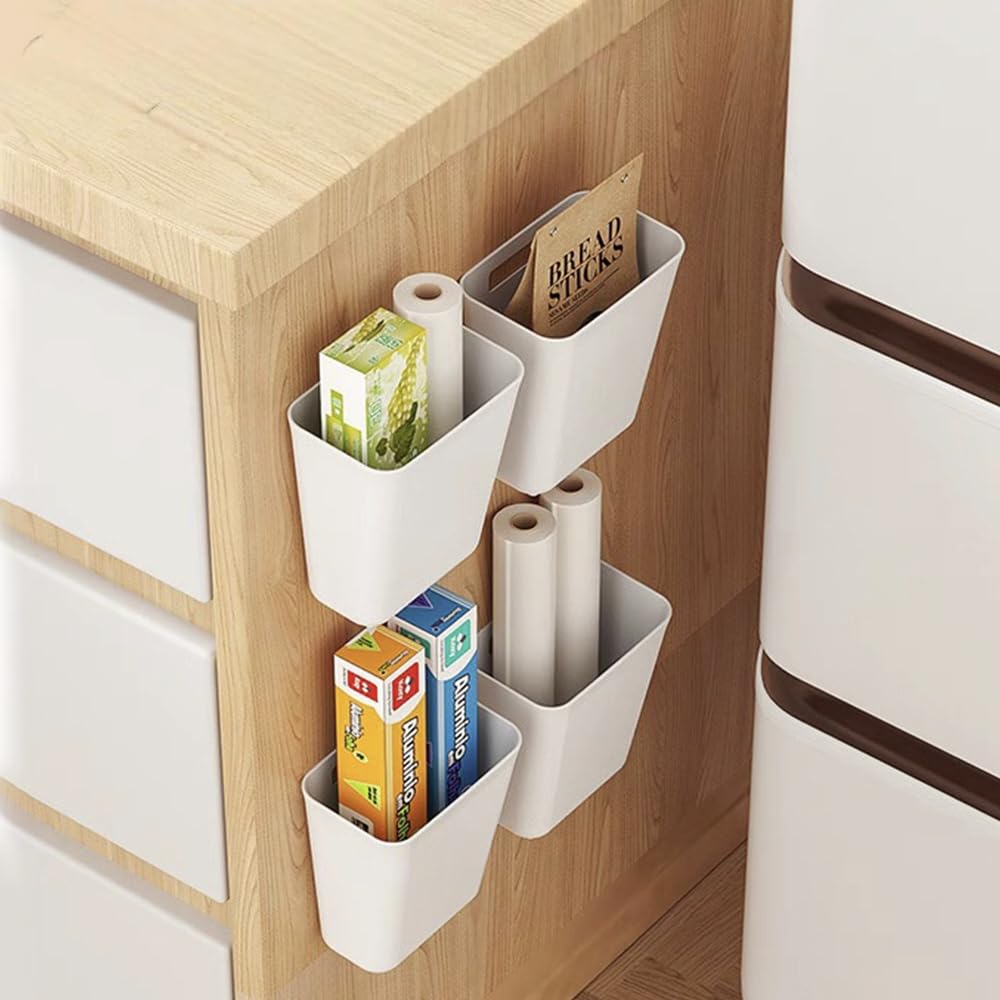 Phonojen 4 Pcs Kitchen Cabinet Door Storage Box with Hooks, Self-Adhesive Wall Mounted Storage Box for Wardrobe, Bathroom, Refrigerator