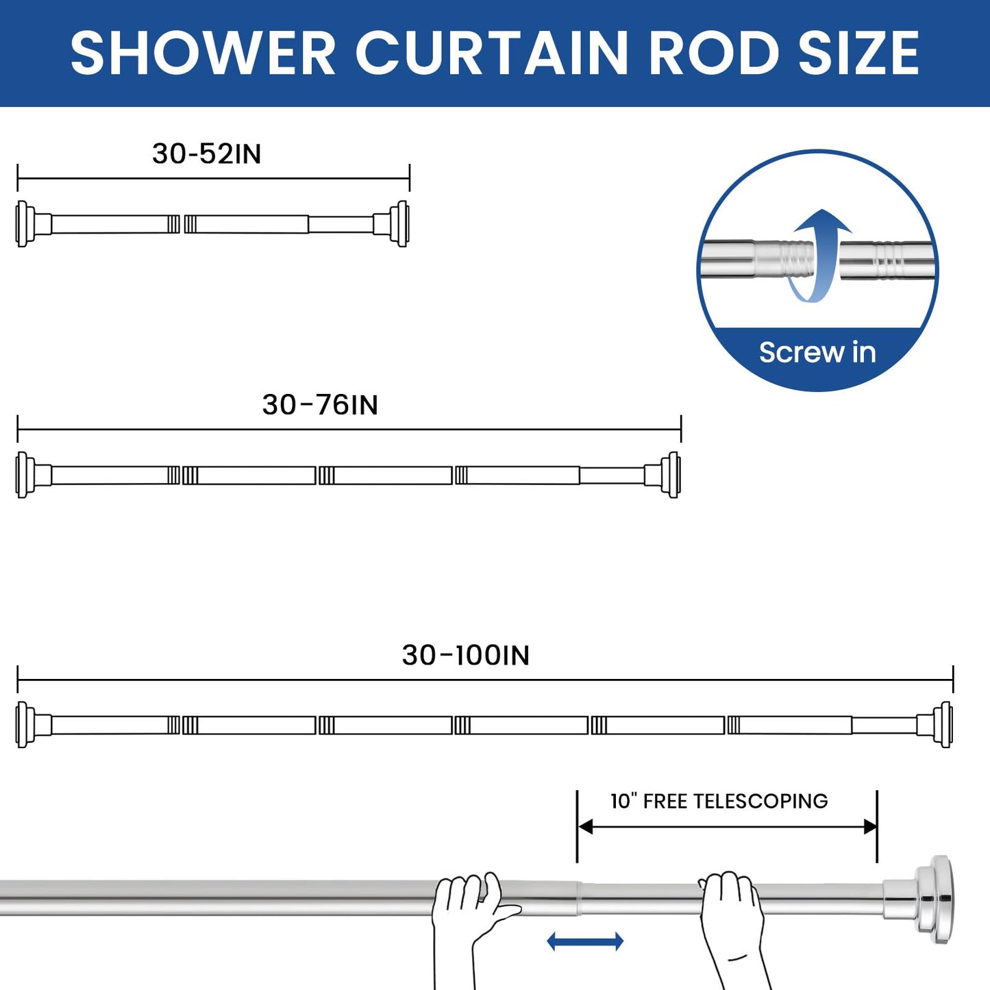Veloxtera Extendable Shower Curtain Pole 73-132 CM, 2.5CM Tension Rods for Curtains No Drill, Never Rust, Non Slip Silver
