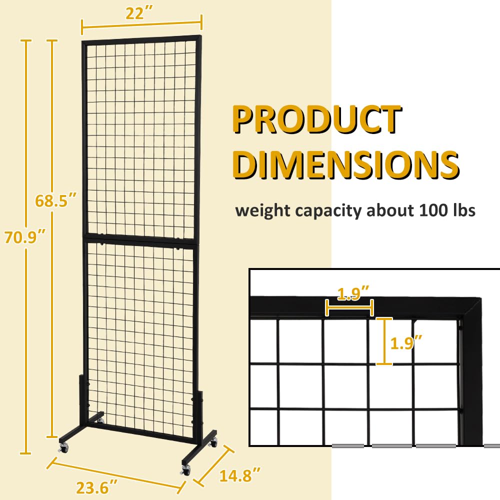 HIDODO Freestanding Grid Wall Panel Standing Wire Grid Display Rack with T-Base Wheels, Gridwall Panel Tower for Shows, Black (2 Pack)