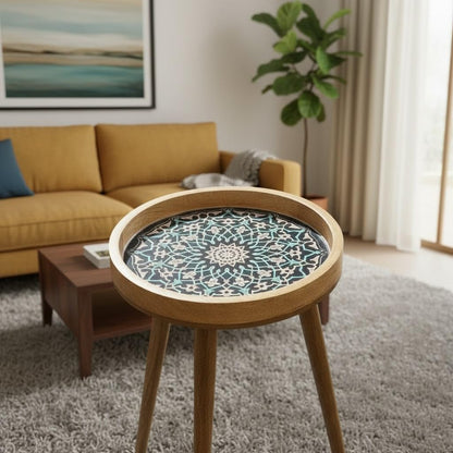 Woodmede Mango Wood Artisan Side Table 18” – Handmade Round Accent Table with 36cm Resin-Coated Enamel Top