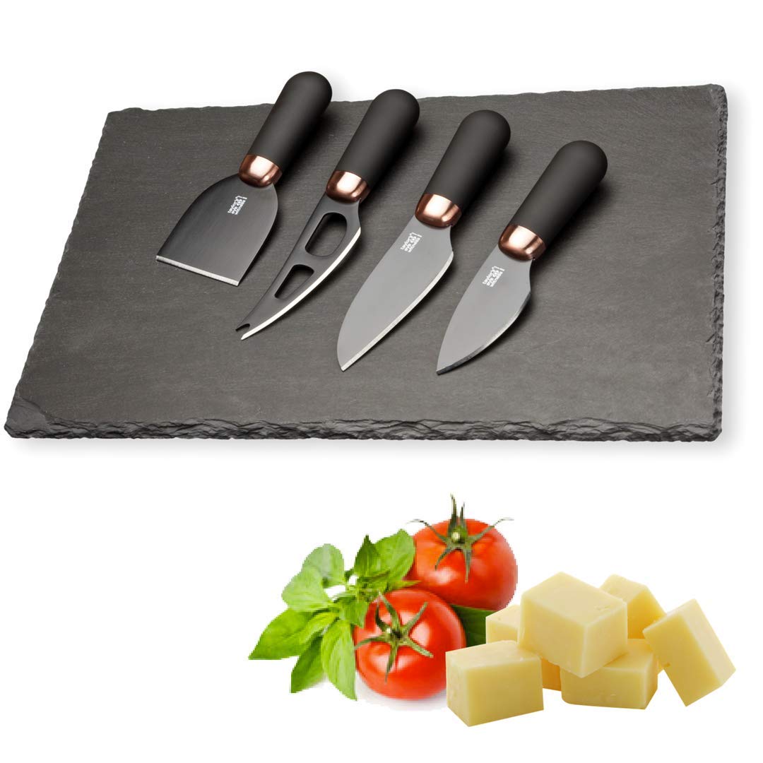 Slate Cheese Board & Cheese Knife Set - Anti Bacterial Black Ceramic Coated, Black Blades And Back Ergonomic, Soft Grip Handle - Shiny Copper Bolster