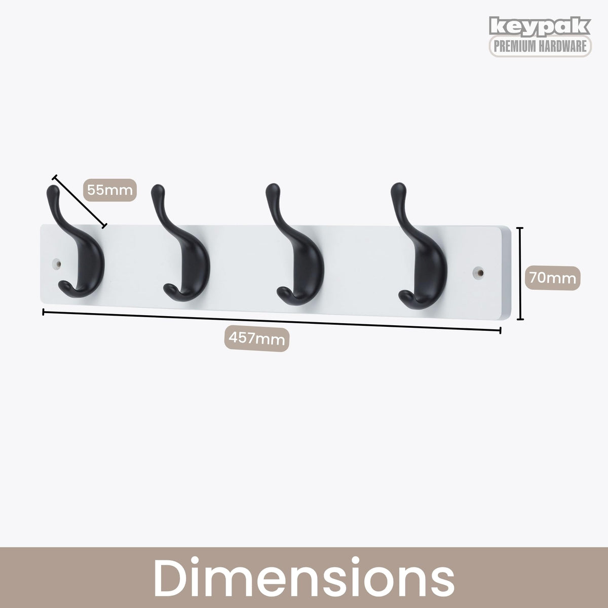 keypak 4 Matte Black Coat Hooks on White Wooden 46cm Board. 3.4kg Per Hook