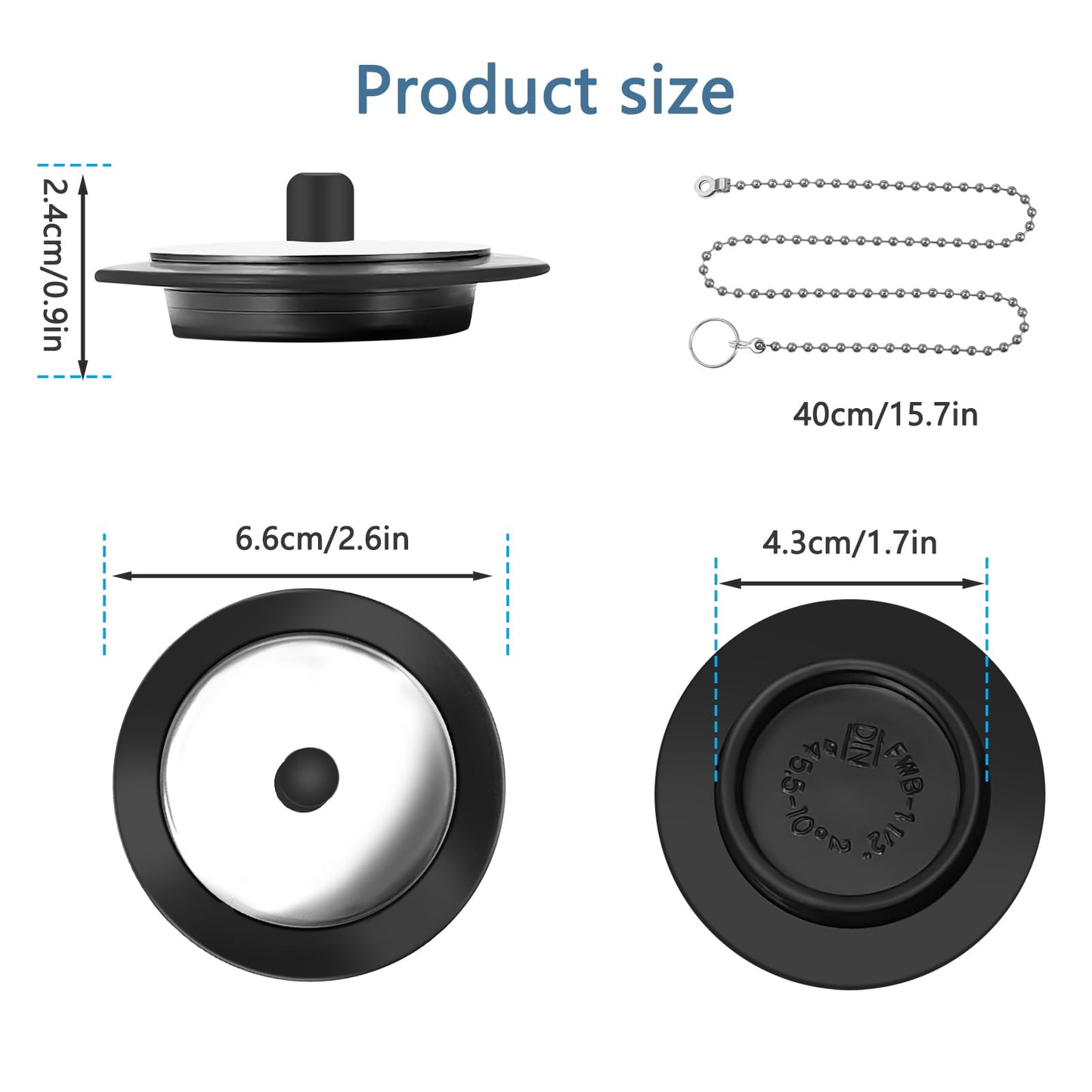 QINCINA 1 Pcs Universal Sink Plug, Black Rubber, 43mm, 23mm, Kitchen & Bathroom Sink Plug Replacement, 40cm Stainless Steel Chain (1 Pack)