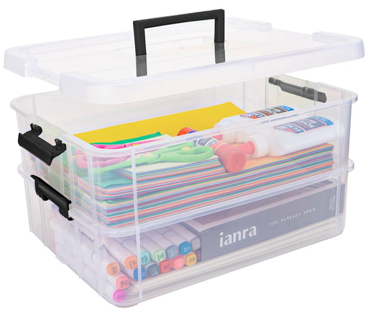 Creahaus 2 Layer Plastic Storage Containers with Lids, Multipurpose Clear Stack & Carry Box