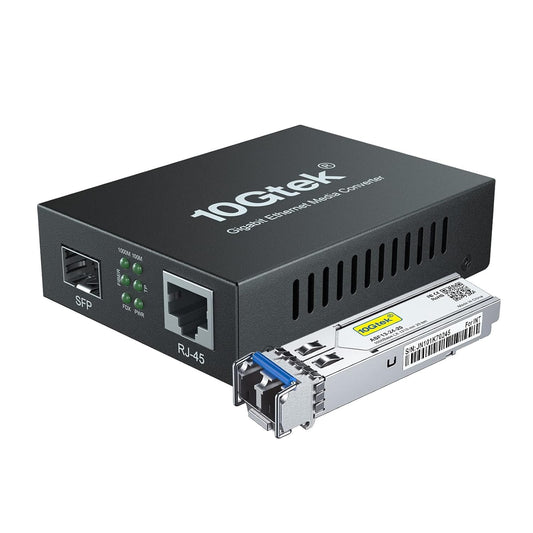 10Gtek Gigabit Ethernet Media Converter with a 1Gb SFP LX LC Singlemode Module, 10/100/1000M RJ45 to 1000Base-LX, up to 20km, with a British Power