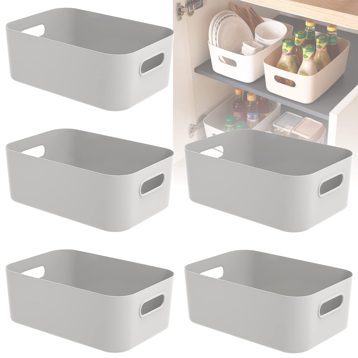 W&H 5 PCS Grey Plastic Storage Baskets with Handle, Rectangular Kitchen Organiser, Small Baskets for Storage, Plastic Boxes for Kitchen, Fridge