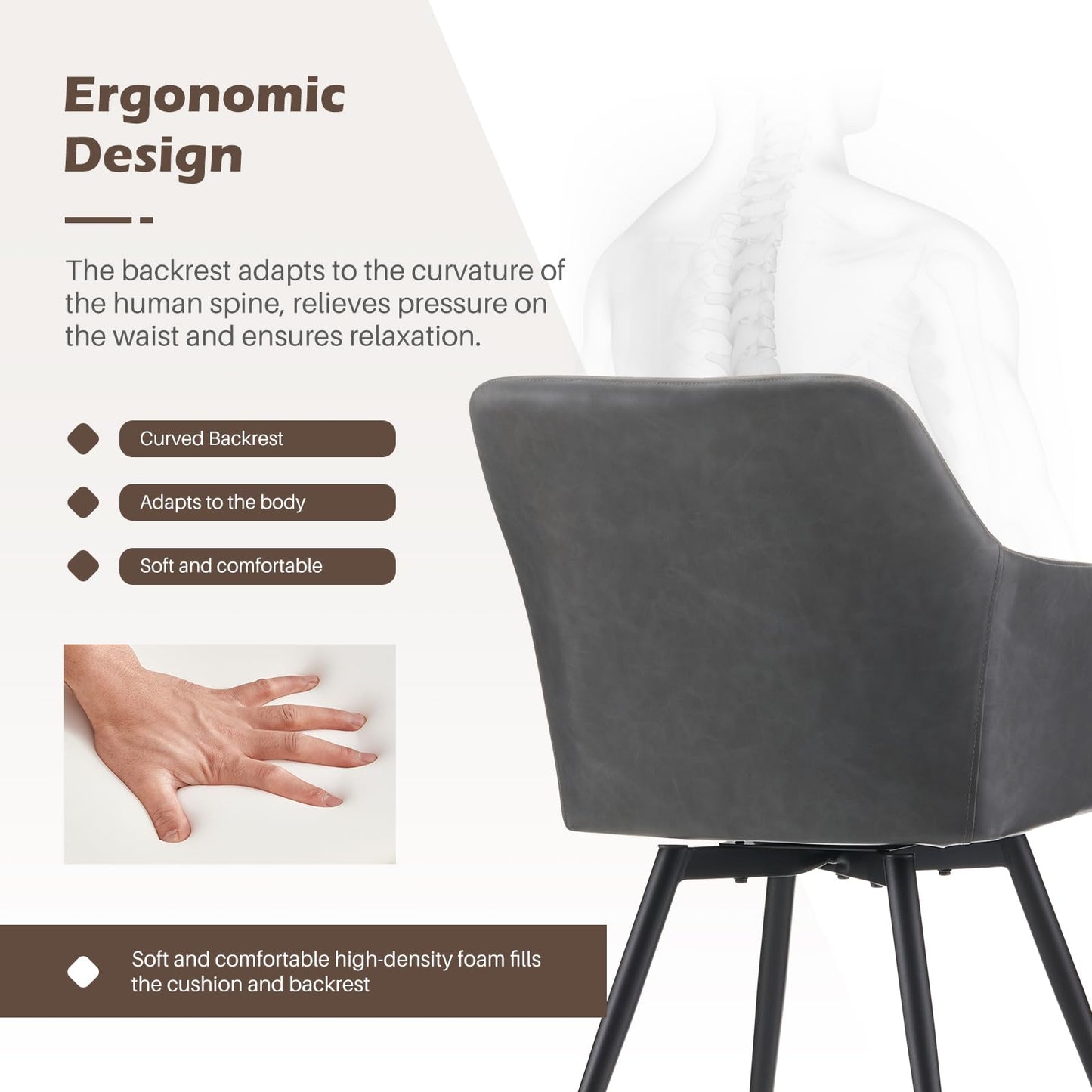 TUKAILAi Dining Chairs Set of 2, 360° Swivel Upholstered Kitchen Armchairs with Backrest and Metal Legs