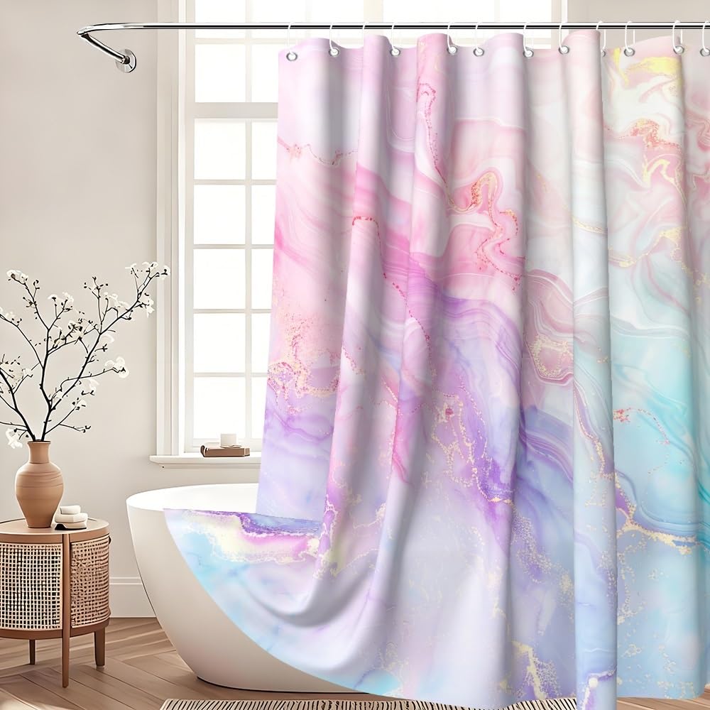 Xiaoterna Marble Shower Curtain Colorful Blue Pink Purple Gold Glitter Marble Shower Curtains Luxury Watercolor Ink Art Bathroom Curtains Washable