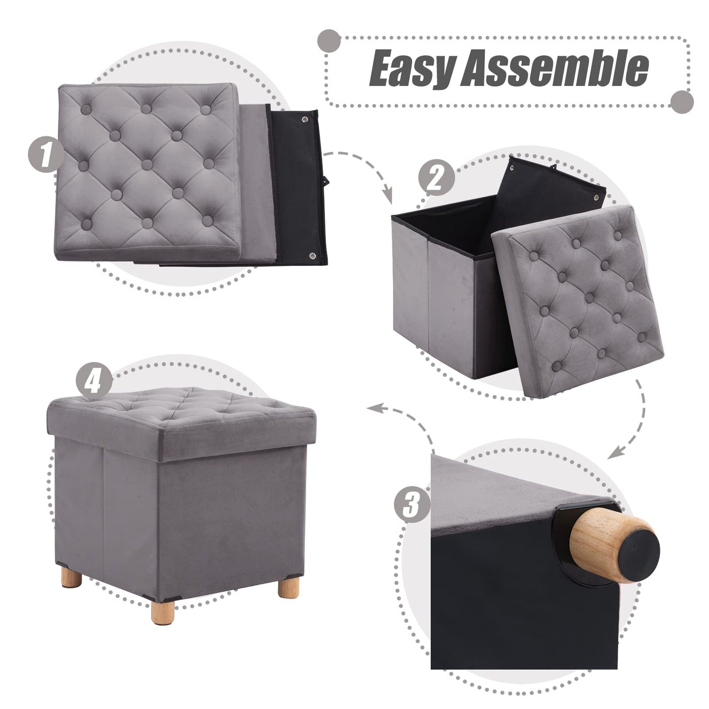 BRIAN & DANY Folding Storage Ottoman with Wood Legs, Velvet Footstools Cube for Living Room and Bedroom, 40x 40x 40 cm, Gray