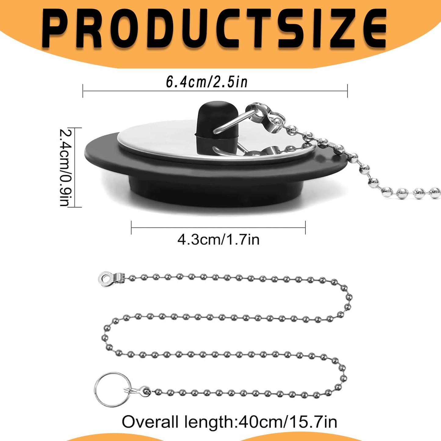 Universal Bath Plug with Stainless Steel Chain, Durable Bath Drain Plug Replacement for Bathtubs, Sinks & Kitchen Basins
