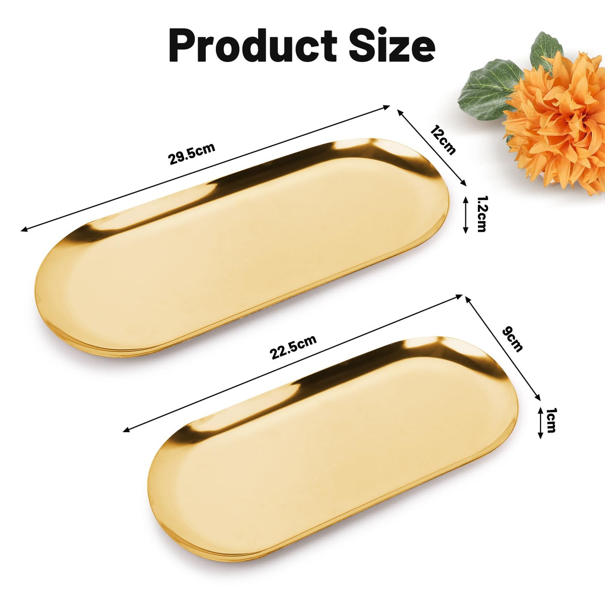 Minicoco 2PCS Oval Tray Stainless Steel Jewellery Cosmetic Tray Perfume Candle Holder Decorative Tea Fruit Key Bowl Gold