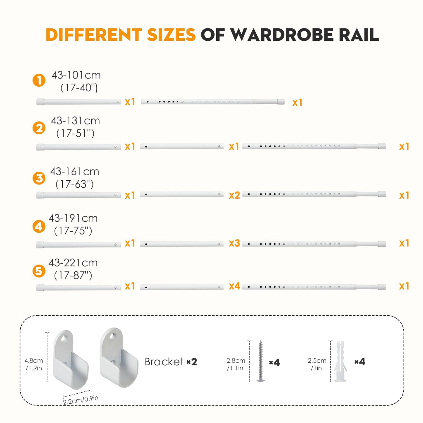 Poskena White Wardrobe Rail Extendable, 25 mm Wardrobe Pole 43-161cm
