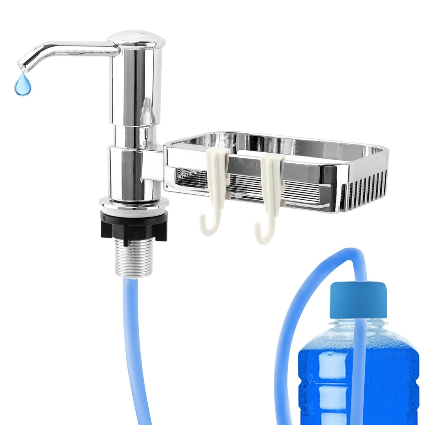 Dish Soap Dispenser for Kitchen Sink, Built in Soap Dispenser Pump with Sponge Holder,Long Mouth Outlet
