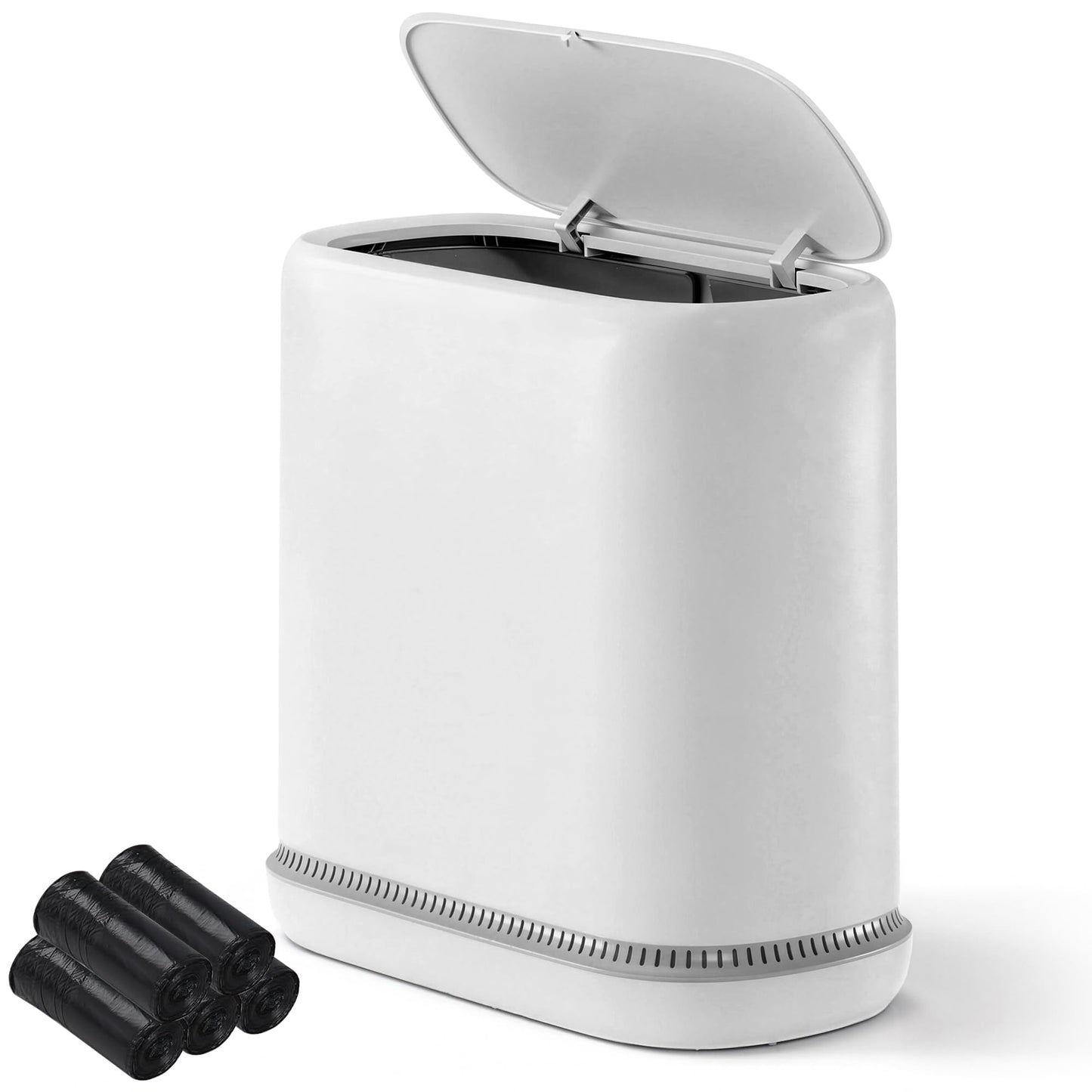 TidyTale Bathroom Trash Can with Lid, Slim Garbage Bin with Inner Bucket, Dog Proof Press Top Lid Small Narrow Wastebasket, Hidden Bag Design