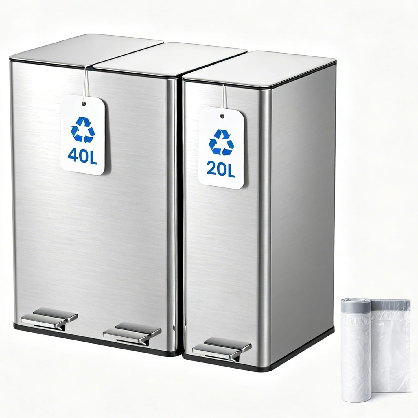 Kitchen Bin,40L Double Bin+20L Single Bin,Tall Slim 60L Stainless Steel Pedal Bin,Dual Bin Rubbish Recycling with Soft-Close Lids and Inner