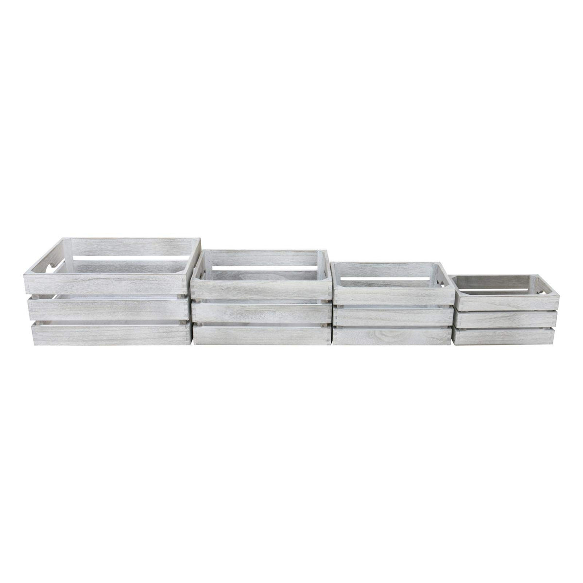 Hodge and Hodge Vintage Wooden Crate Set of 4 Slatted Fruit Boxes with Handles Natural Whitewash Finish