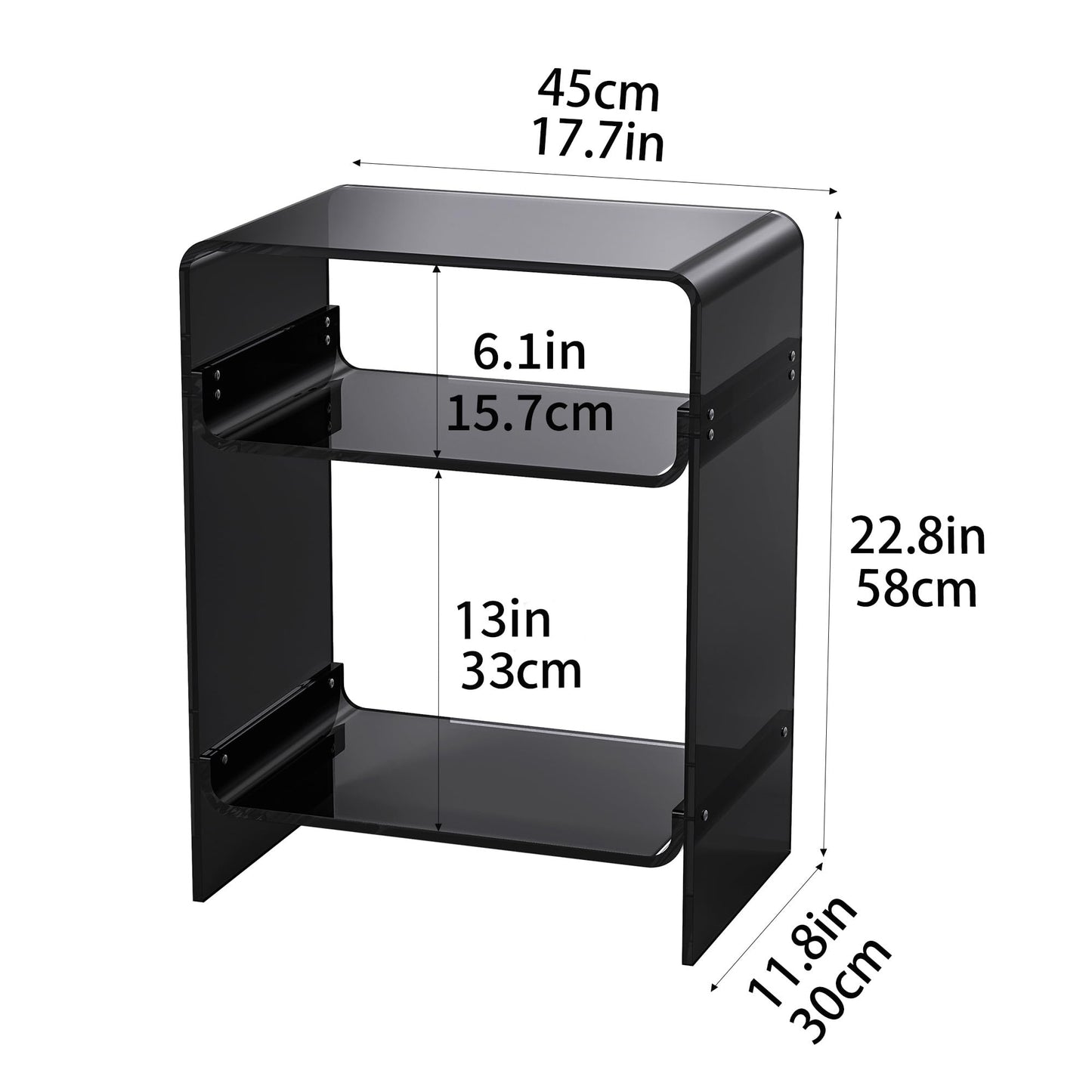 Acrylic Record Player Table with Storage Shelf, Clear Side Table, Nightstand (Black, 45×30×58 cm, Acrylic)