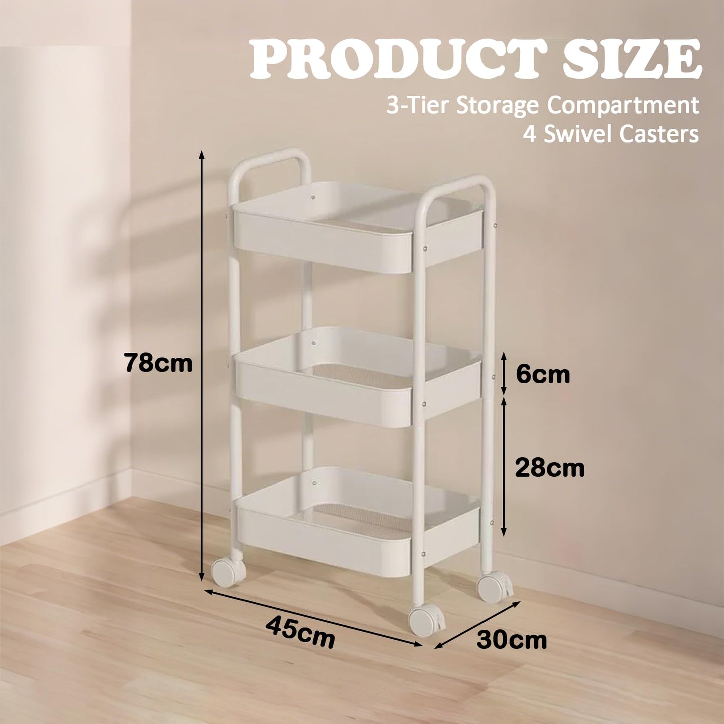 Eidoct Beauty Trolley on Wheels 3 Tier Storage Trolley with handle Space-Saving Beauty Trolleys Rolling Utility Cart Craft Trolleys on Wheels for