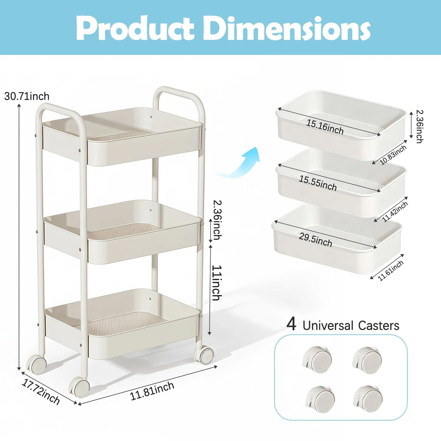 CHUNGG Bathroom Storage 3 Tier Beauty Trolley on Wheels, Kitchen Cart Drawers on Wheels