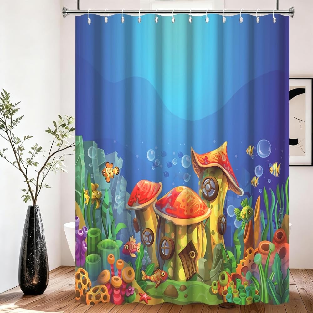 Xiaoterna Summer Fairy Tale Underwater World Shower Curtain Blue Ocean Mushroom House Nautical Waterproof Bathroom Curtain Fishes Floral Coral