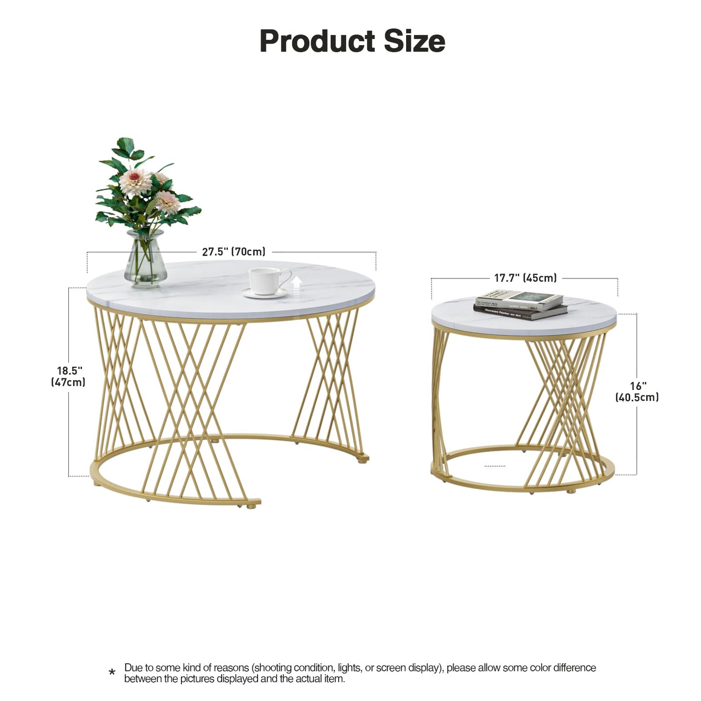 Skokliz Round Coffee Tables, Set of 2 Nesting tables for Living Room, Multi-functional Side Table with Gold Metal Frame for Bedroom Office Apartment