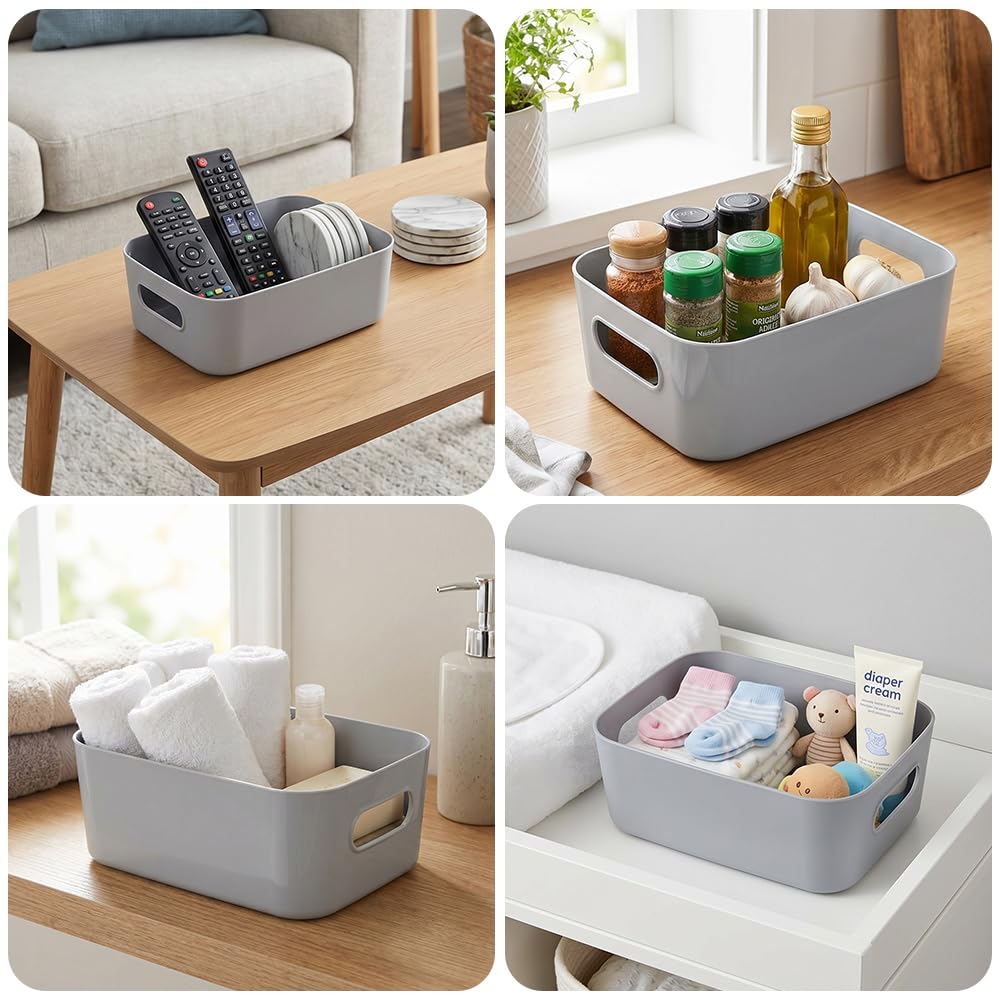 Plastic Storage Boxes,Storage Basket with Handles,21x14x7cm,Grey, Pack of 4