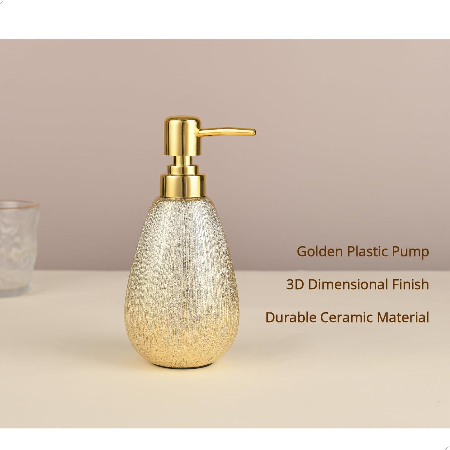 Brushed Gold Ceramic Soap Dispenser, 11 Oz Refillable Hand Soap and Sanitizer Pump, 3D Textured Design for Kitchen or Bathroom Décor, Brushed Gold