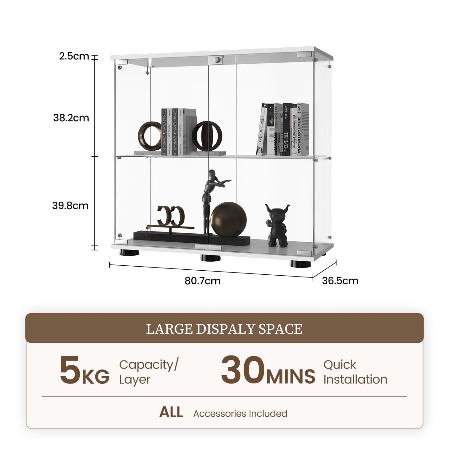 Beauty4U 2-Shelf Double Door Glass Display Cabinet, 83cm Tall, White