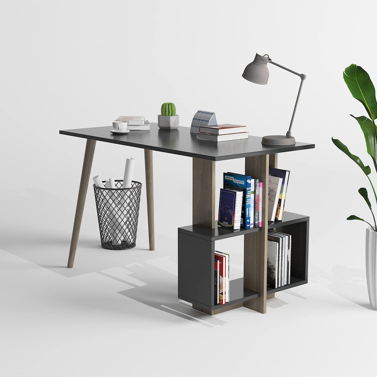 DEMANZE Writing Computer Desk, Home Office Study Desk with Space-Saving Bookshelf, Corner Laptop Pc Table with Storage Shelves