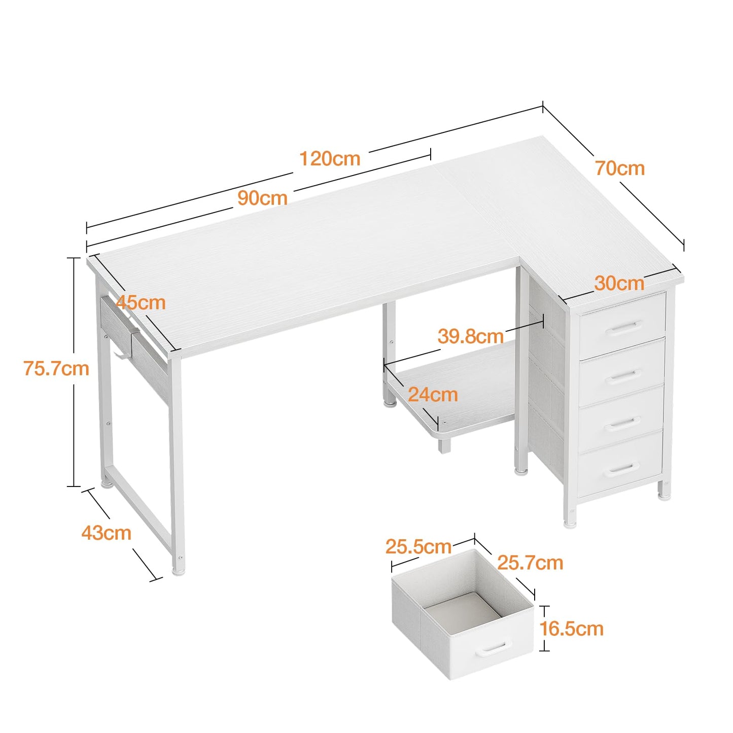 Coleshome Small Corner Desk with Drawers for Home Office, 120x70 cm, White