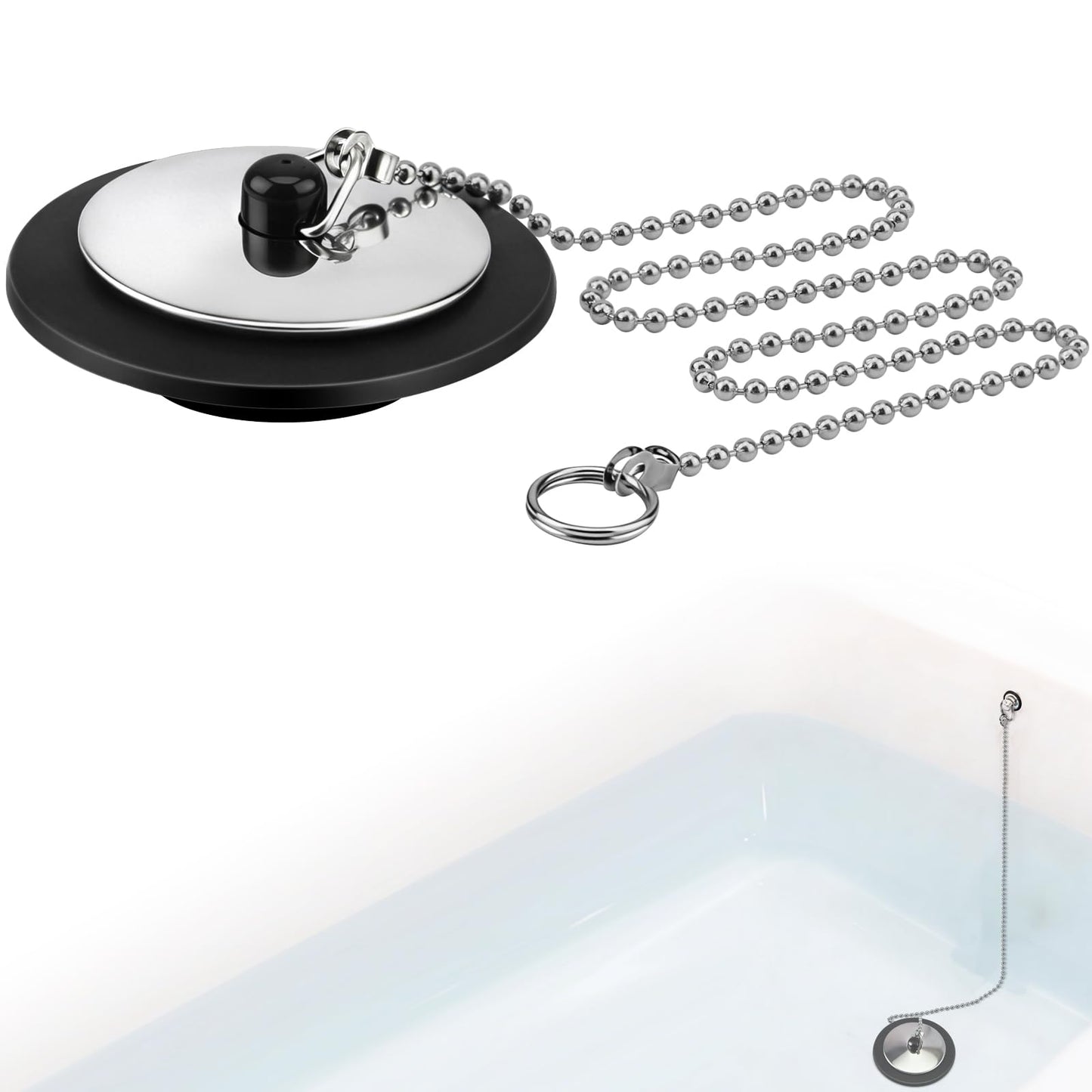 Lunhoo 1 Pack Universal Bath Plug, Drain Stopper with Stainless Steel Chain, 43mm Bath Plug replacement for Kitchen, Under Sink, Bathroom