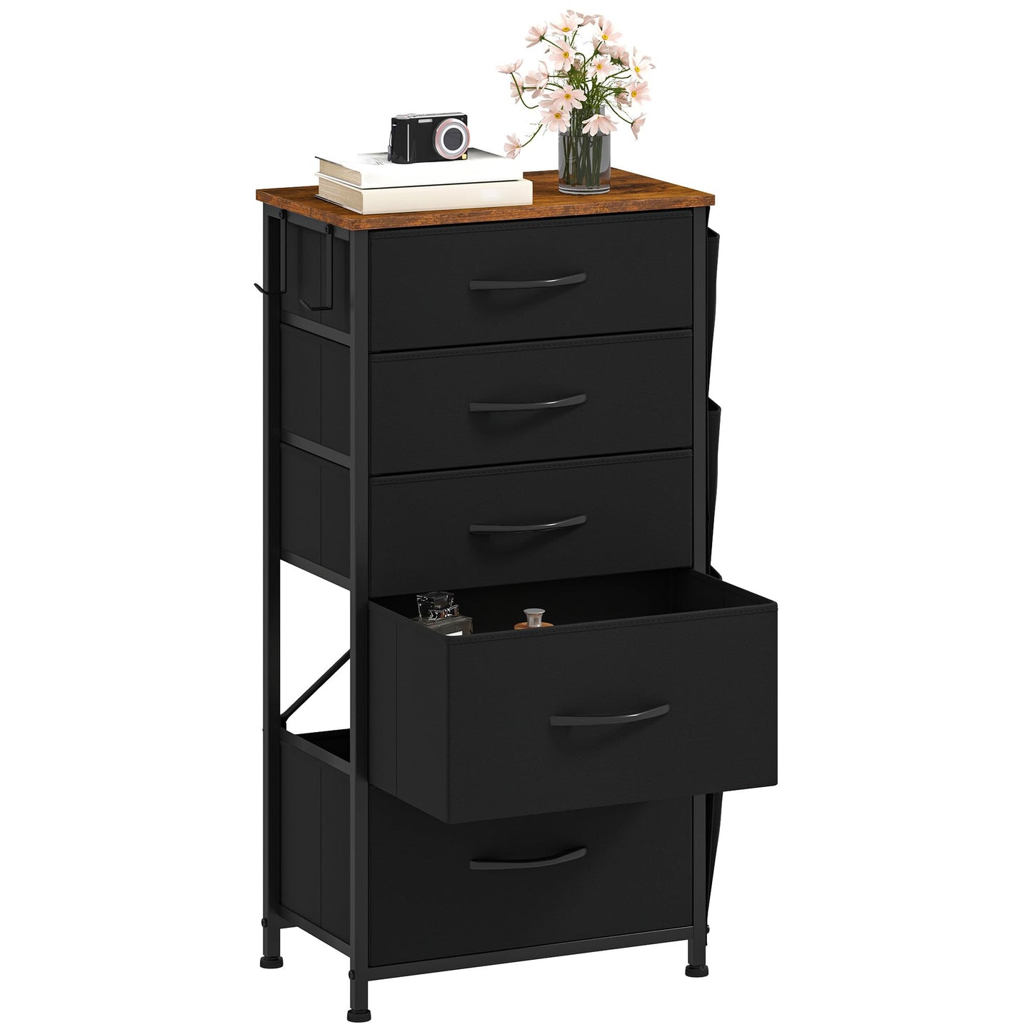DWVO Narrow Chest of Drawers with 5 Drawers, Fabric Chest Drawers with Side Pocket&Hooks,Easy Pull Handle,Sturdy Steel Frame for Bedroom,Living