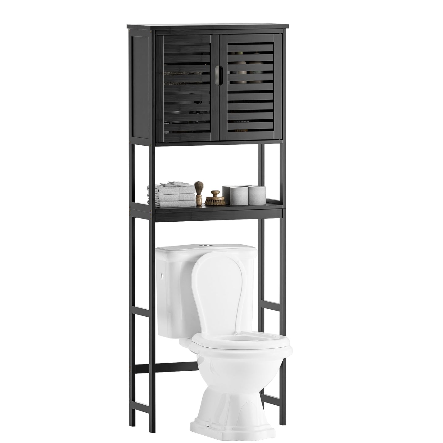 SMIBUY Bathroom Storage Shelf with Cabinet, Bamboo Over-The-Toilet Organizer Rack, Freestanding Toilet Space Saver with 3-Tier Adjustable Shelves