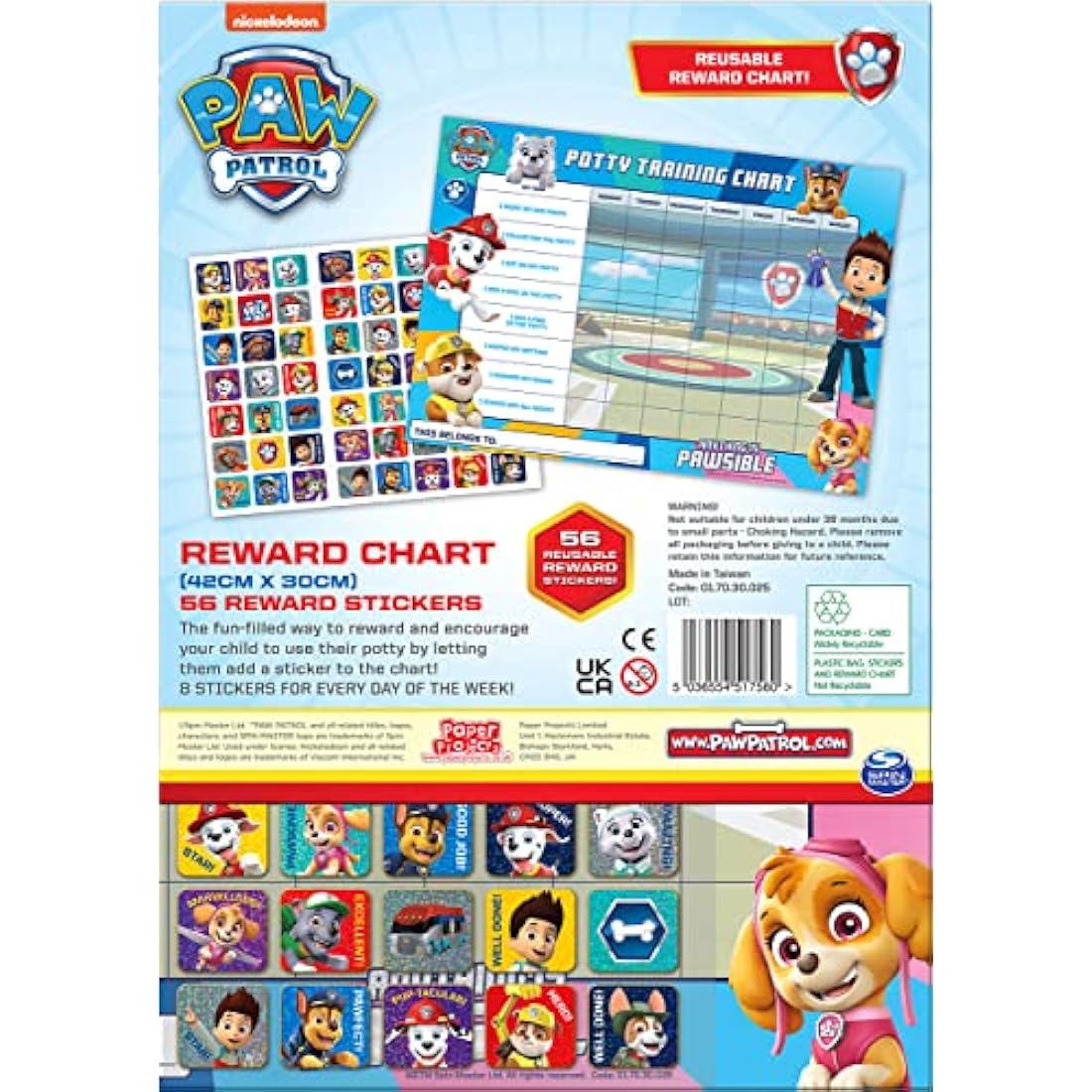 Paper Projects 01.70.30.025 Paw Patrol Potty and Toilet Training Reward Chart and Stickers,for ages 3+, 29.7cm x 42cm