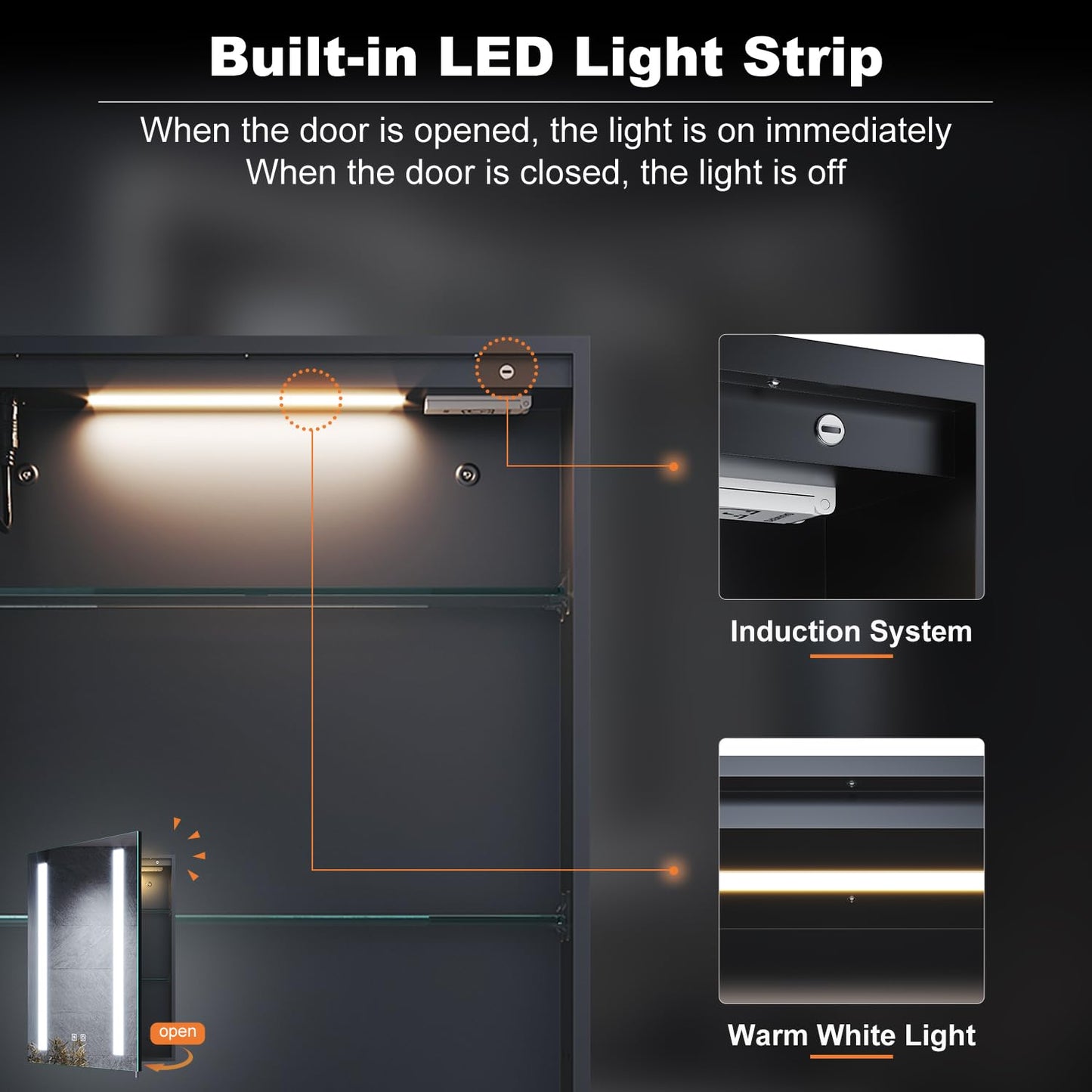 ELEGANT Illuminated Bathroom Cabinet with Shaver Socket, Built-in LED Light Strip, Demister Pad, Slow Close Hinge, Adjustable Shelves