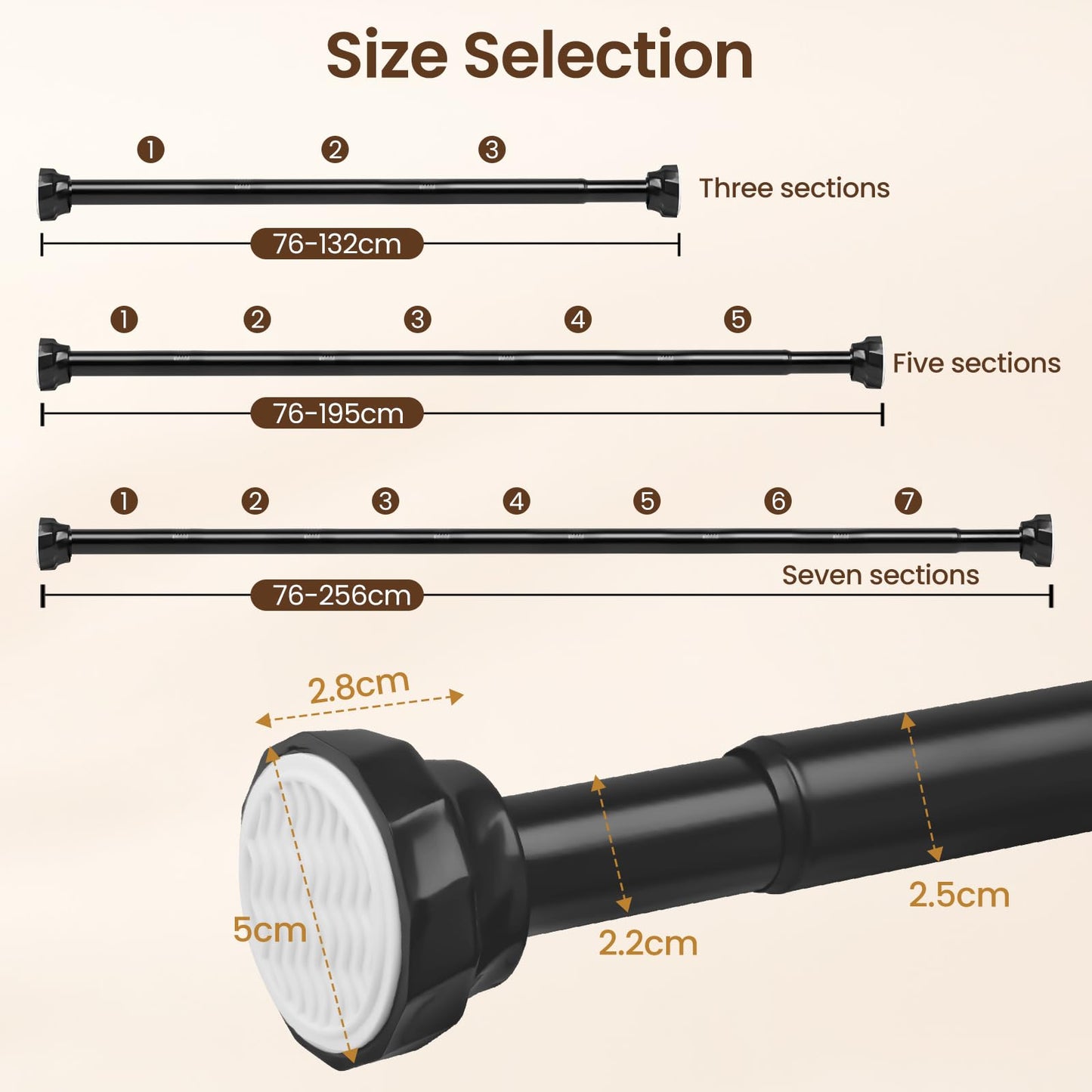 Extendable Shower Pole 76-256cm, Black Spring Tension Rod No Drill for Shower Curtain, Ø25mm Curtain Rod for Bathroom, Bedroom