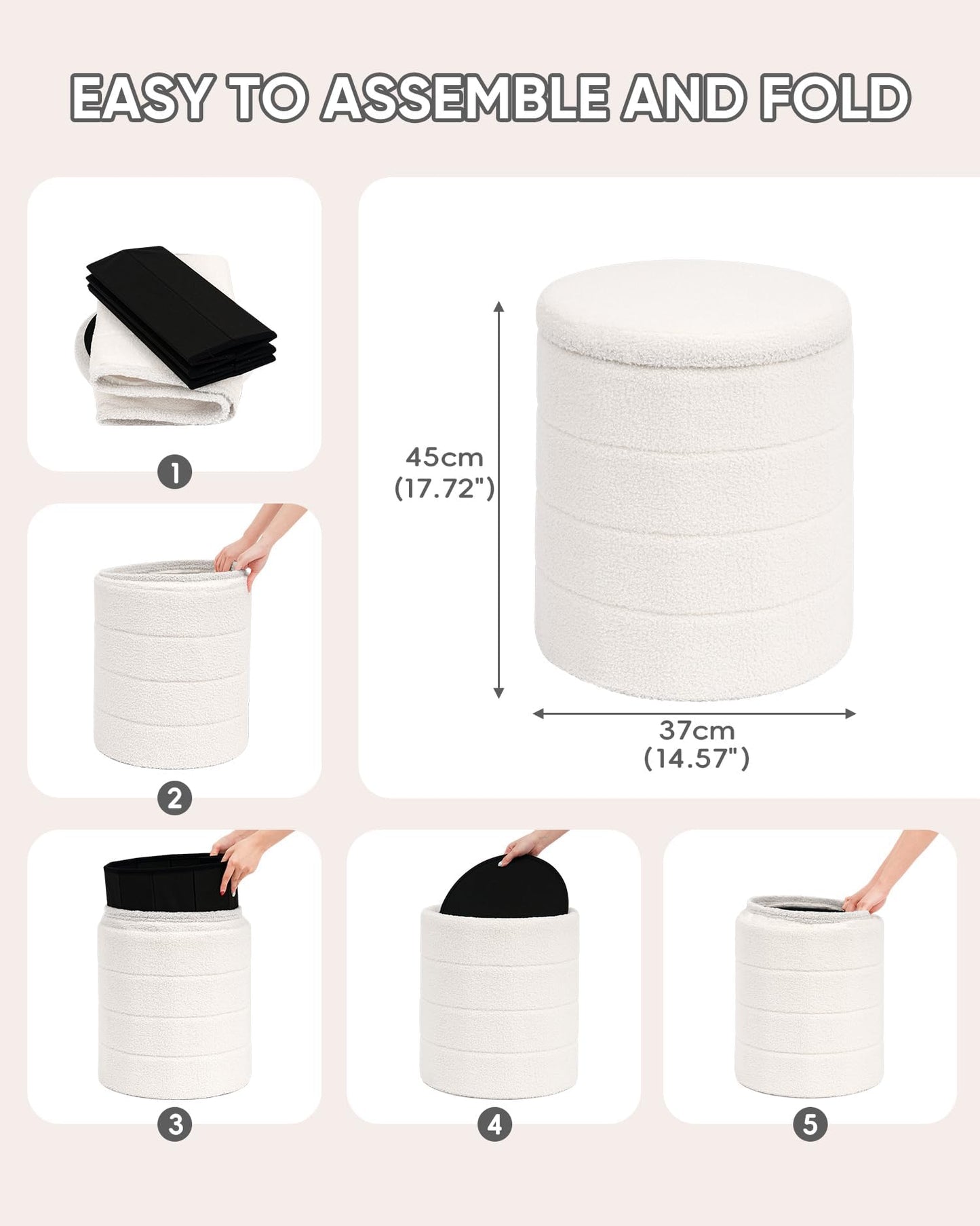 PINPLUS Round Ottoman Storage, Convertible Table, Cream White, 37x37x45 cm