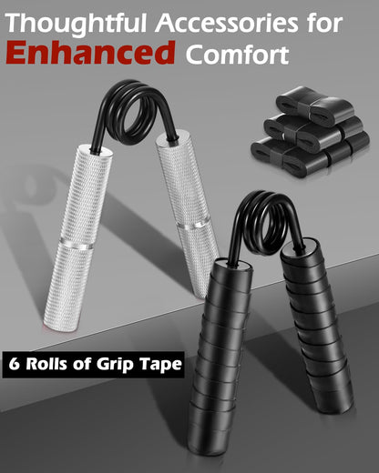 Hozzen Grip Strengthener Trainer Set - 6 Pack Metal Hand Grips Strengthener 100-350LBS, Heavy-Duty Wrist Forearm Strengthener with 6 Rolls of Grip