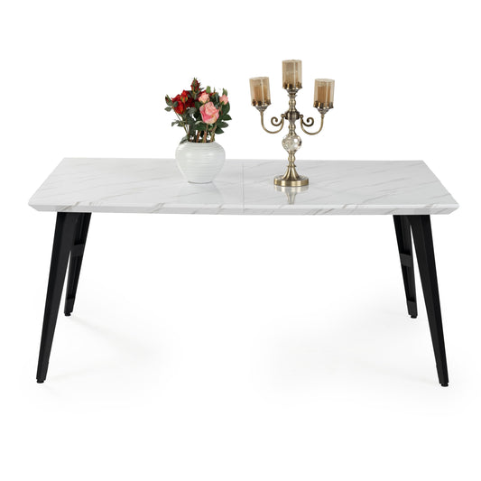 FurnitureR 150 cm Rectangular White Marble Effect top and Black Legs, 4-6 seat Table for Dining, Living Room, Kitchen, Cafe, 150x80x74cm