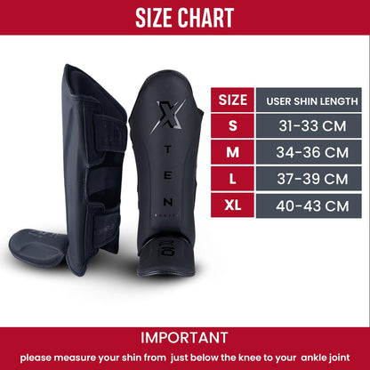 XTEN SPORTS Shin Guards Muay Thai, MMA, Gel Integrated Padding, Training Sparring, Boxing, Kickboxing, BJJ, Taekwondo Protective Gear, Matte Black, M