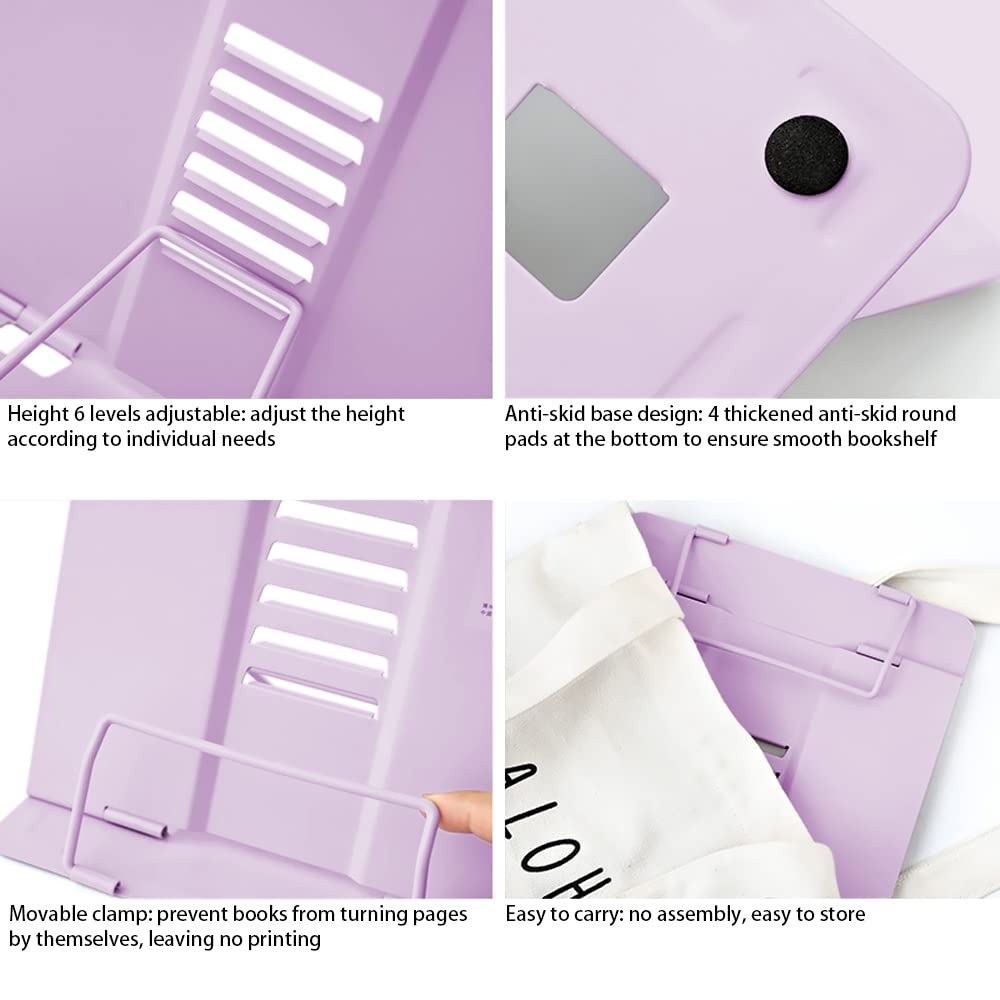 Book Stand, Multifunctional Metal Book Holder for Reading (Purple)