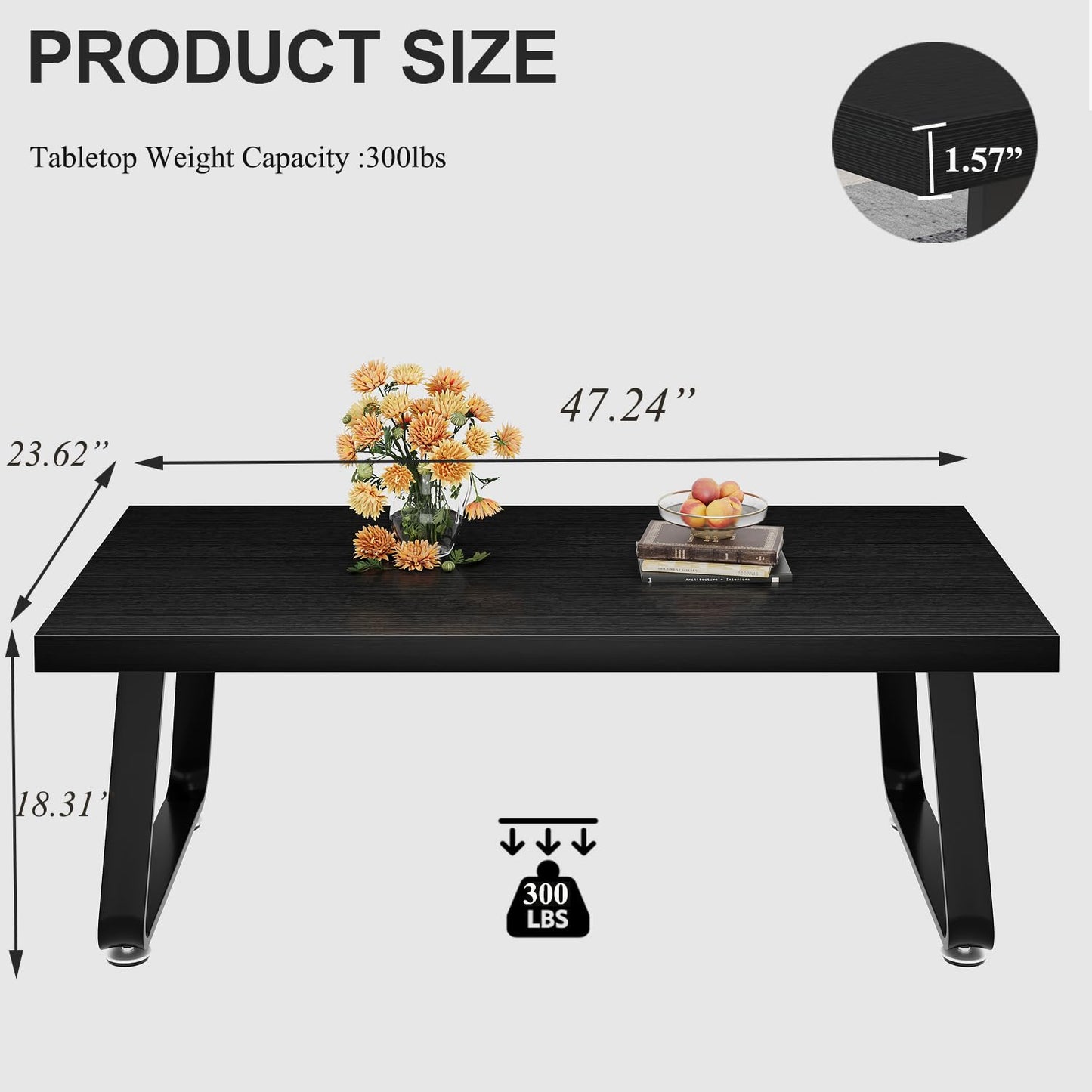 HSH Black Oak Coffee Table, 60D×120W×46.5H cm, Rustic Industrial Wooden Coffee Table for Living Room Bedroom Office