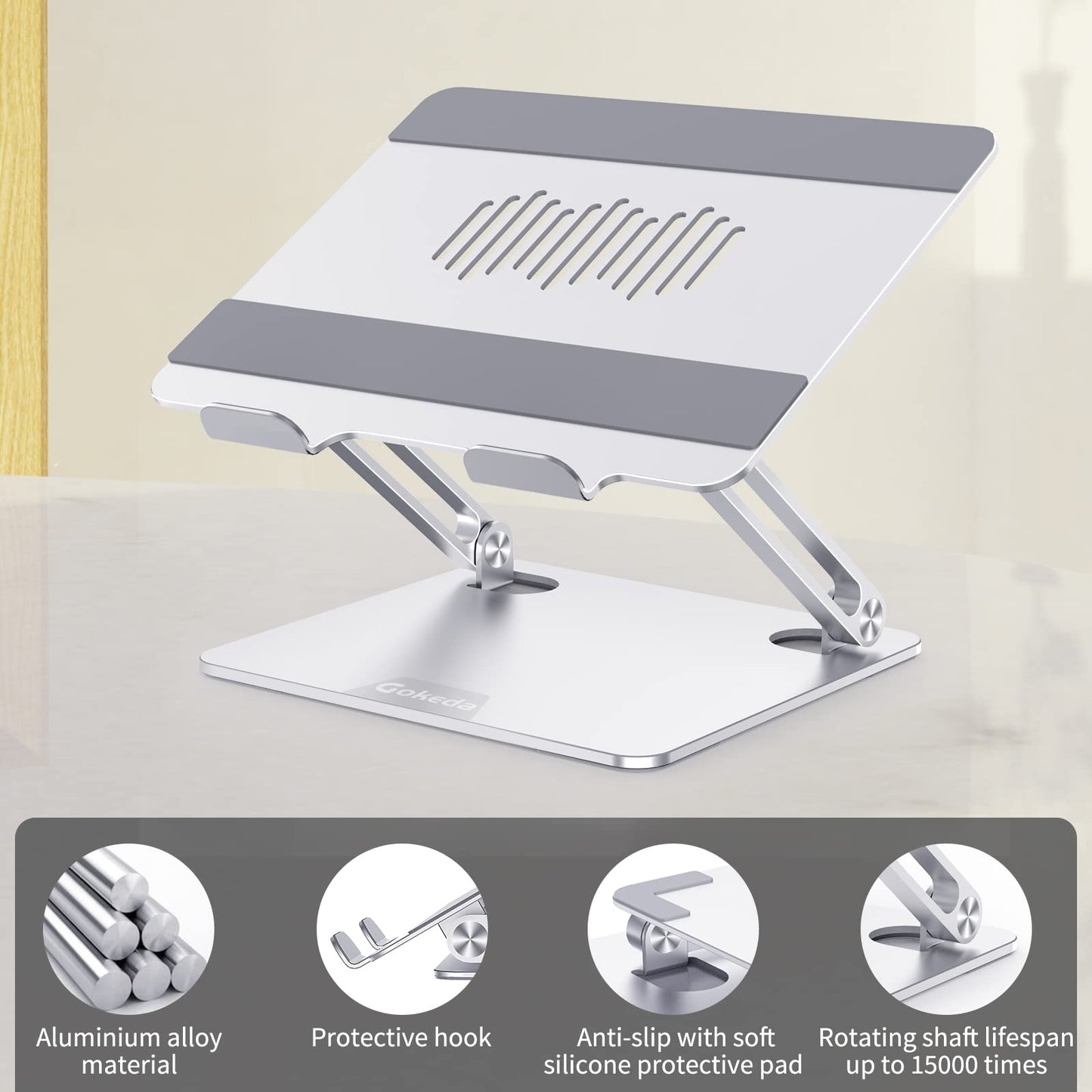 GOKEDA Laptop Stand, Ergonomic Aluminium Alloy Computer Stand for desk, Multi-Angle Adjustable Laptop Riser with Heat-Vent Compatible for Macbook