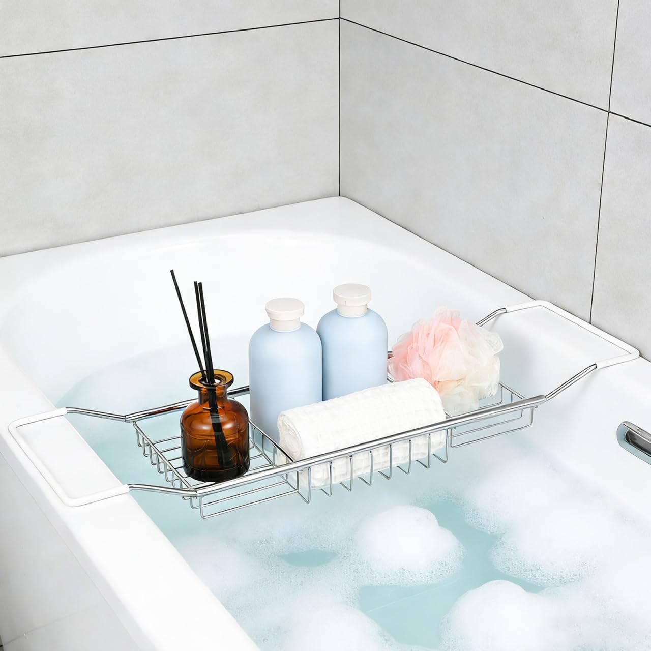 Cabilock Stainless Steel Telescopic Bathtub Rack Non-slip Design Expandable Bath Tray for Phone and Accessories for Home Use in Bathrooms