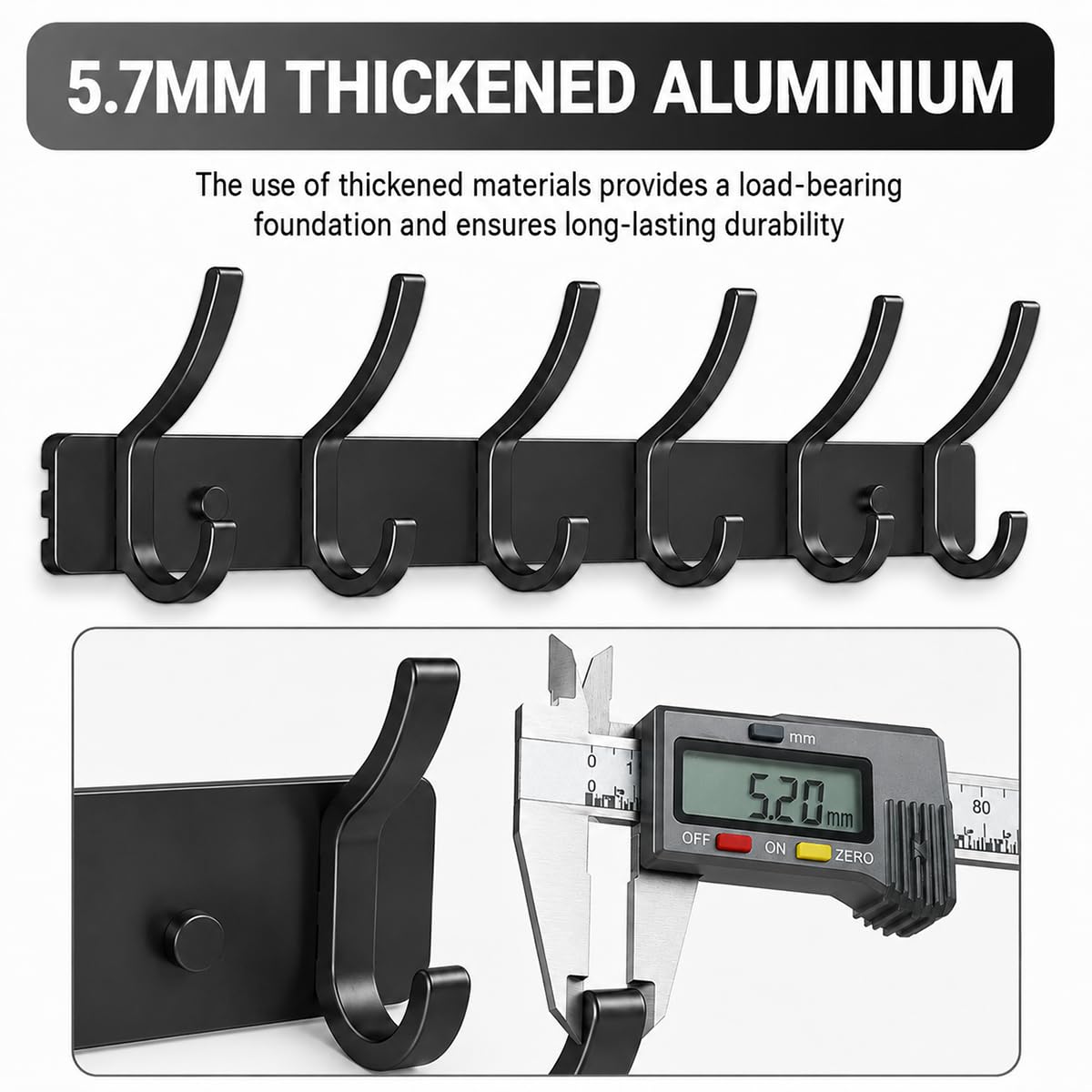 2 Pack Black Wall Mounted Coat Hooks, Heavy Duty Metal 6 Hooks Rust-Proof for Hanging Hats Clothes Jackets Towels Keys