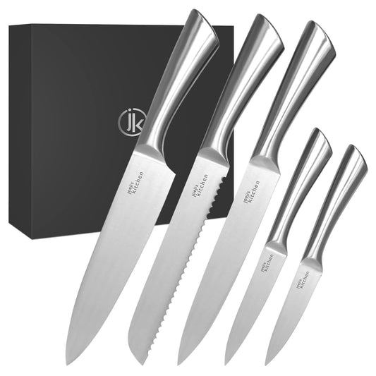 joeji's Kitchen 5-in-1 Chef Knife Set - High Carbon Stainless Steel Kitchen Knives - Single-Forged All-Metal Set with Bread, Chef, Santoku, Utility,